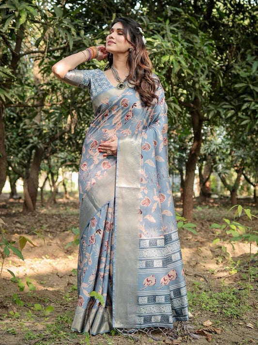 Opulent Printed Silk Grey Color Saree