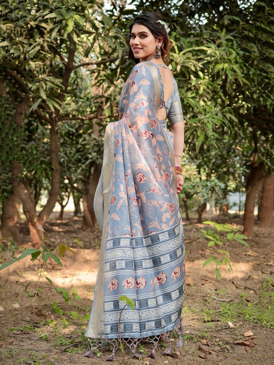 Opulent Printed Silk Grey Color Saree