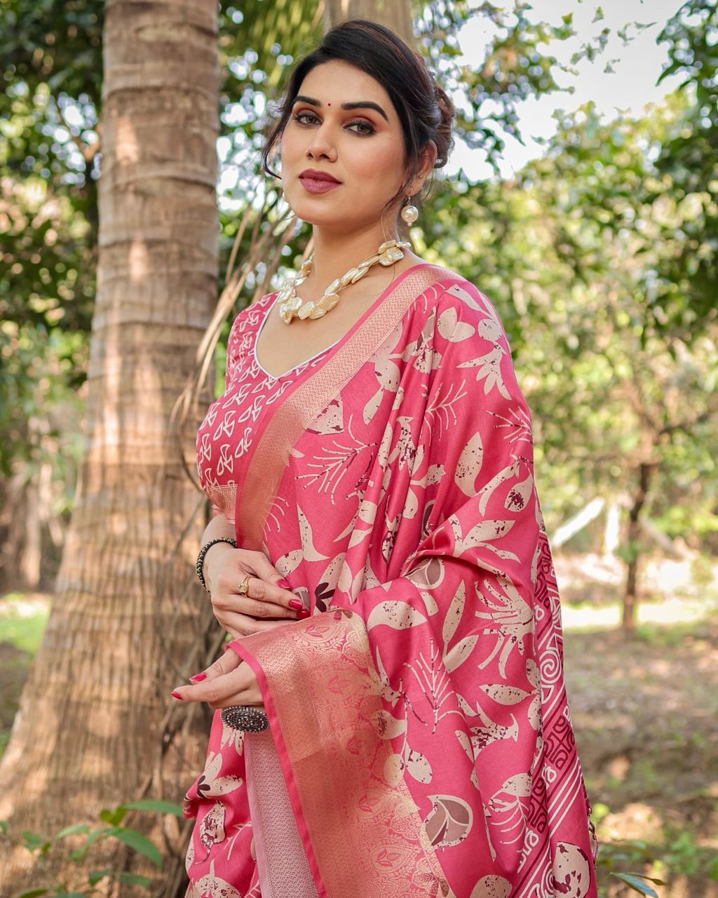 Opulent Printed Silk Pink Color Saree