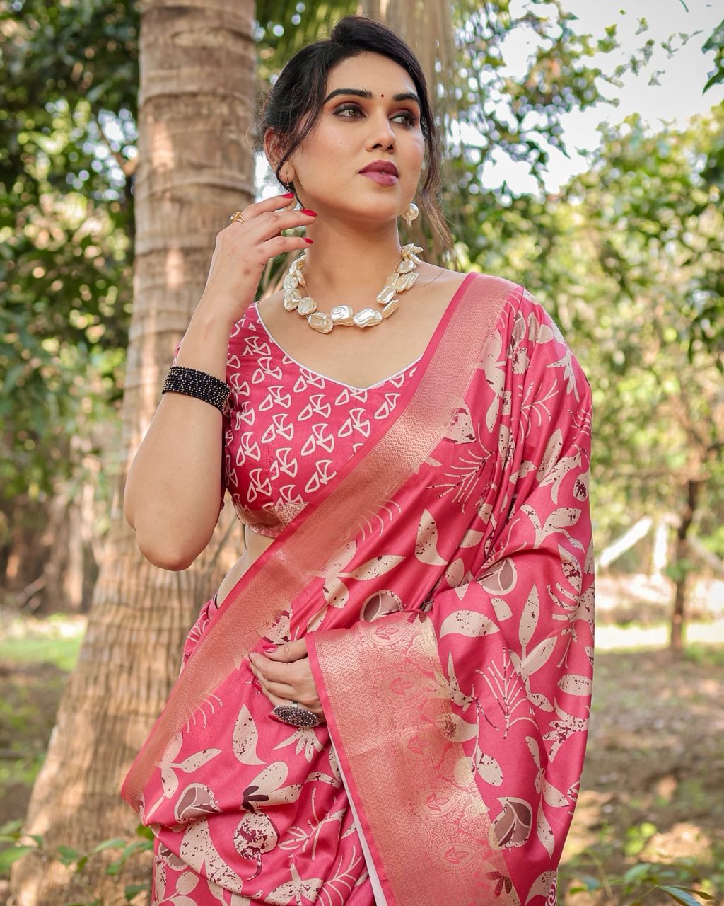 Opulent Printed Silk Pink Color Saree