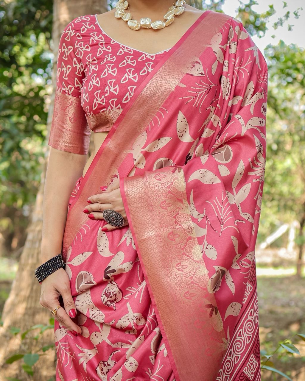 Opulent Printed Silk Pink Color Saree