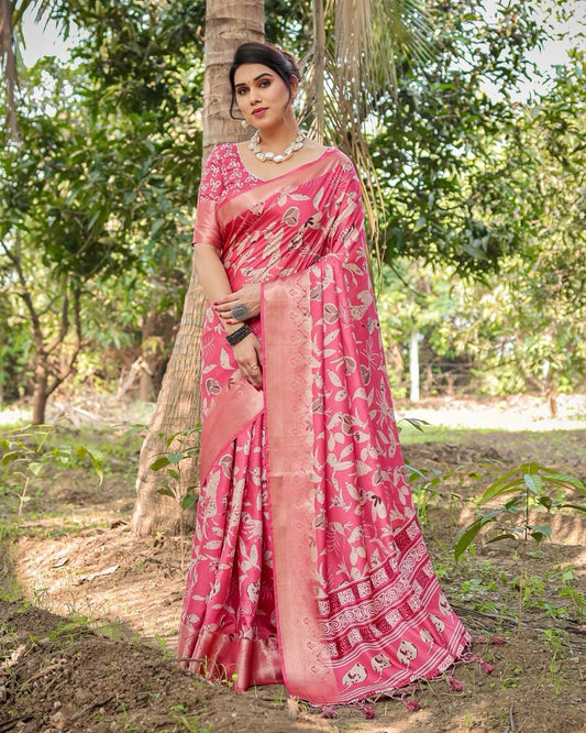 Opulent Printed Silk Pink Color Saree