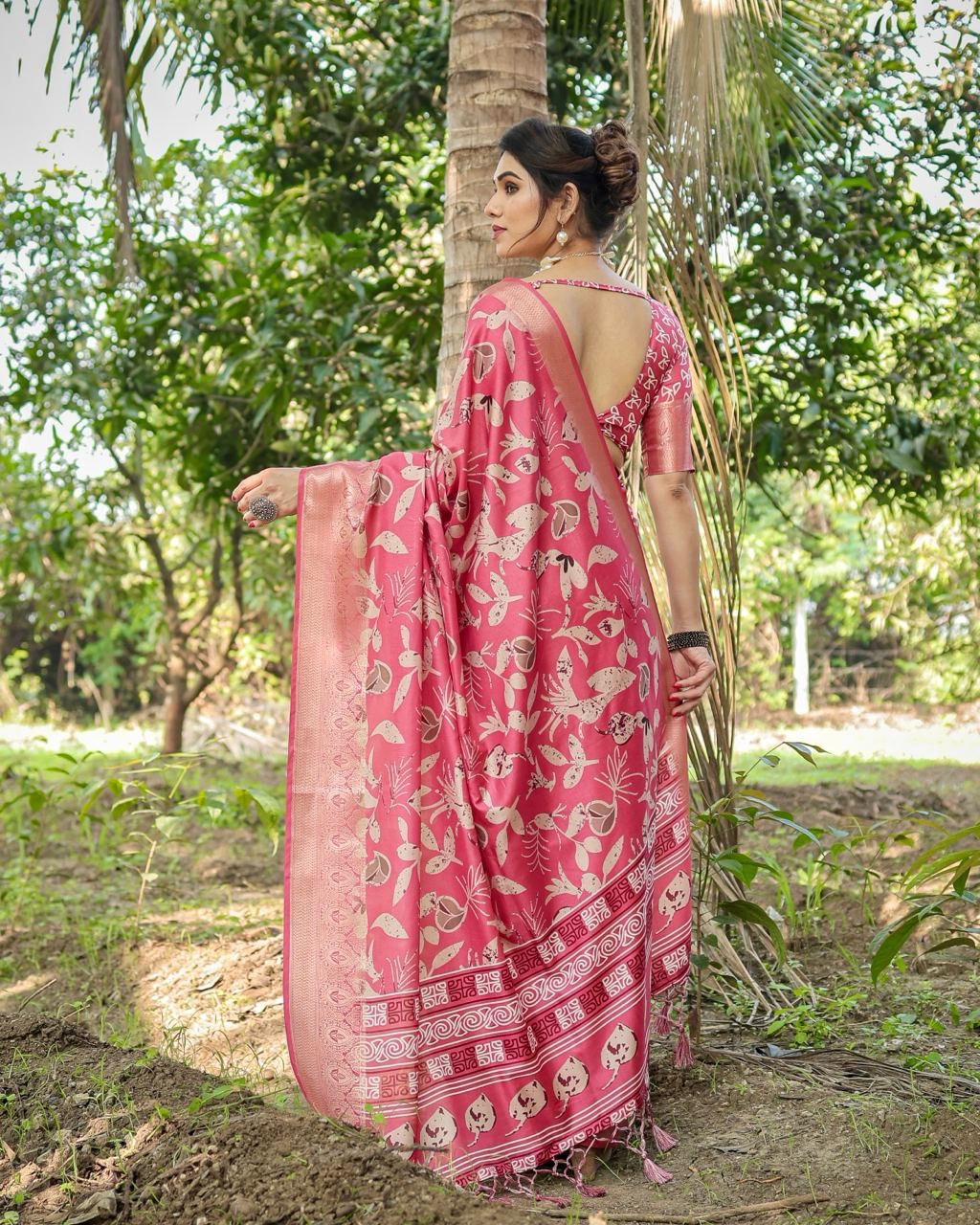 Opulent Printed Silk Pink Color Saree