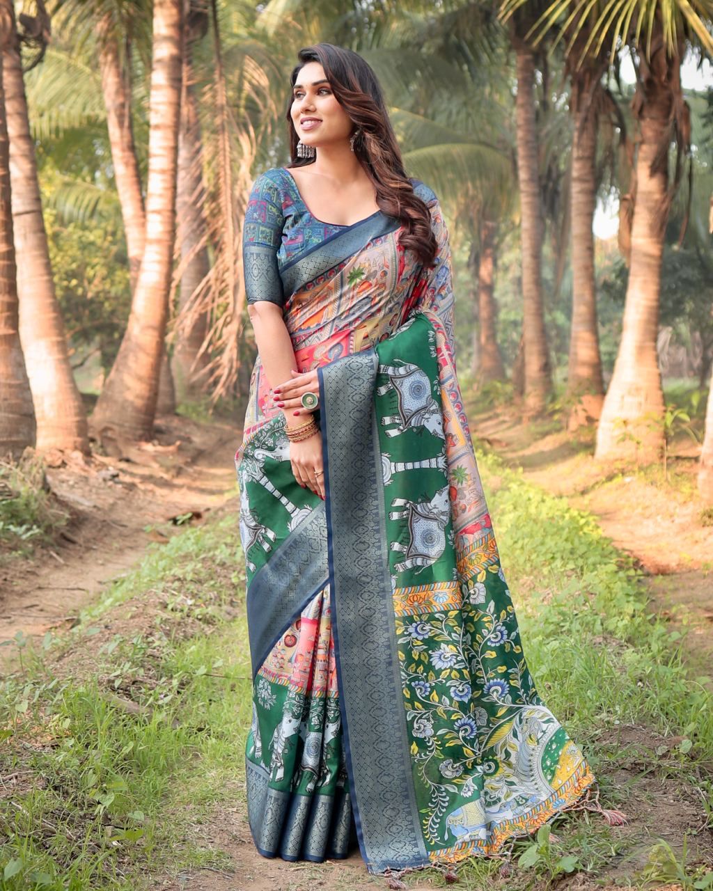 Opulent Printed Silk Blue Color Saree