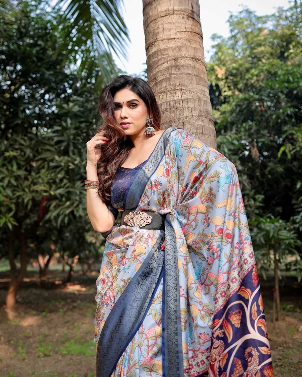 Opulent Printed Silk Royal Blue Color Saree