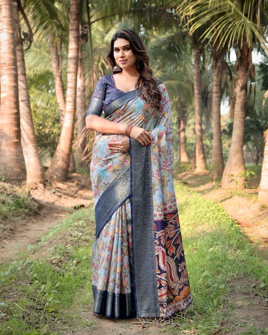 Gorgeous Printed Silk Grey Color Saree