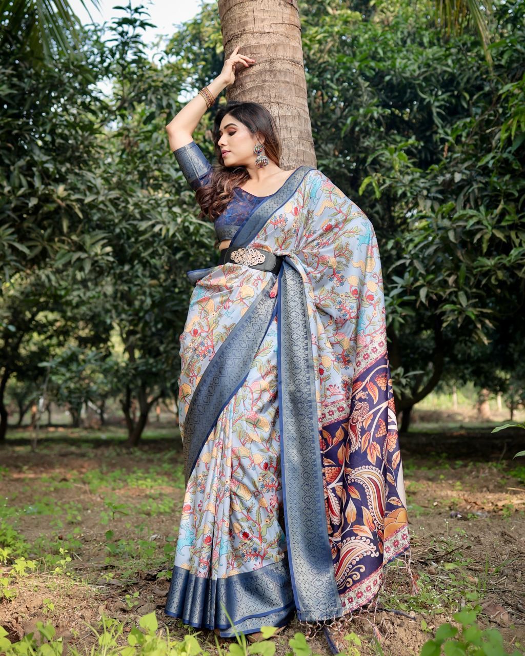 Opulent Printed Silk Royal Blue Color Saree