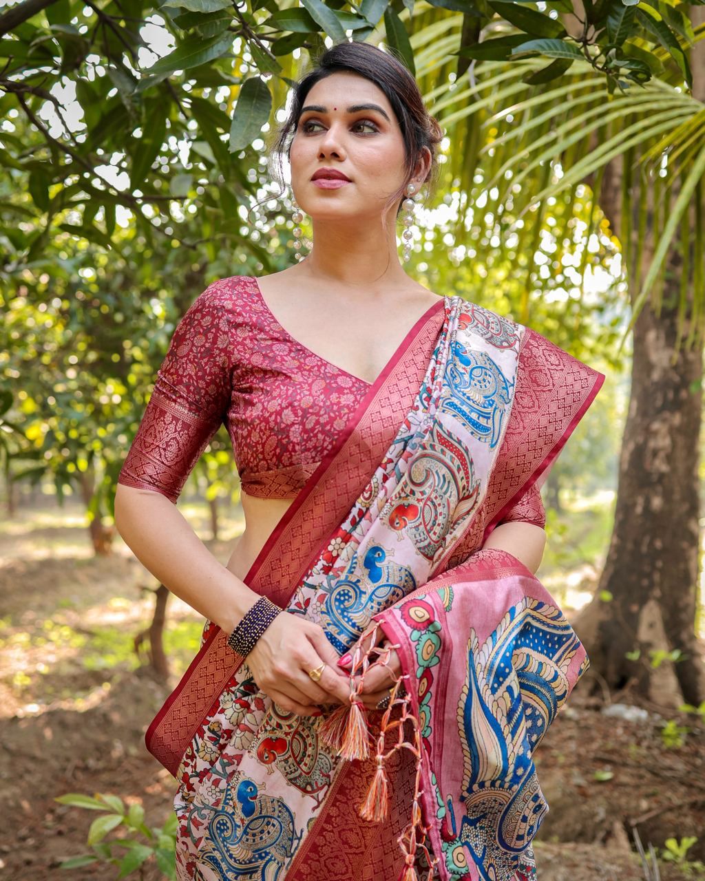 Opulent Printed Silk Peach Color Saree