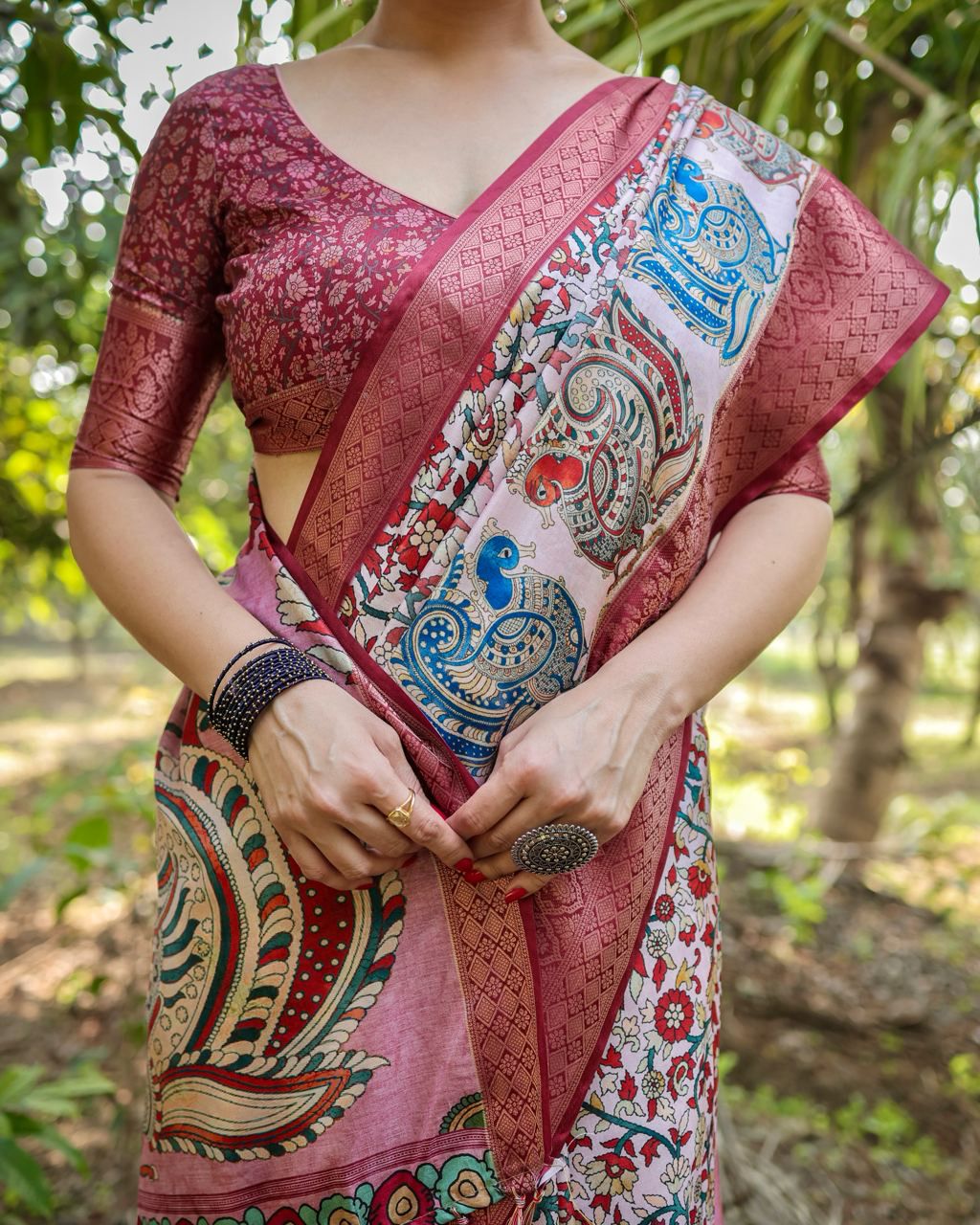 Opulent Printed Silk Peach Color Saree