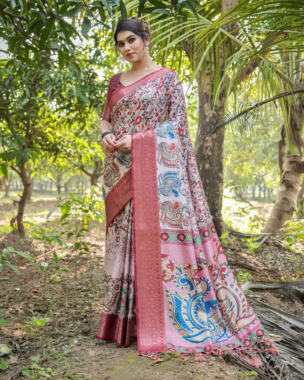 Opulent Printed Silk Peach Color Saree