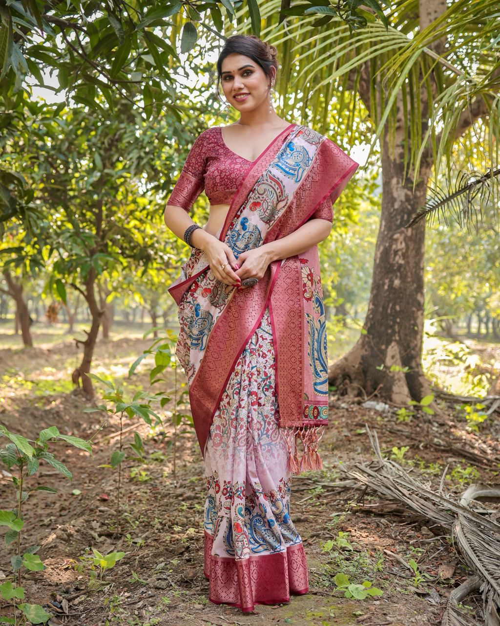 Opulent Printed Silk Peach Color Saree