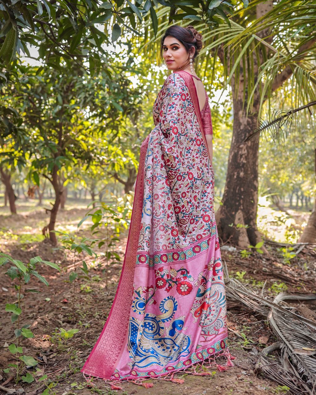 Opulent Printed Silk Peach Color Saree