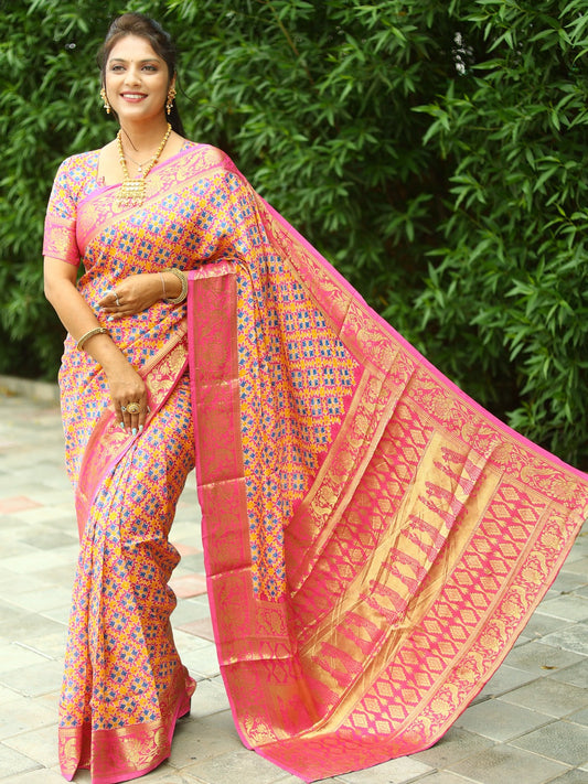 Awesome Ajrakh Art Silk Peach Color Saree