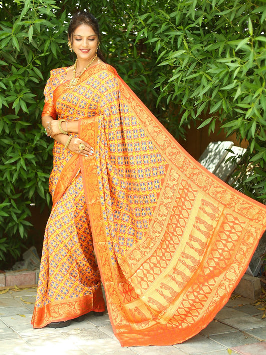 Awesome Ajrakh Art Silk Yellow Color Saree