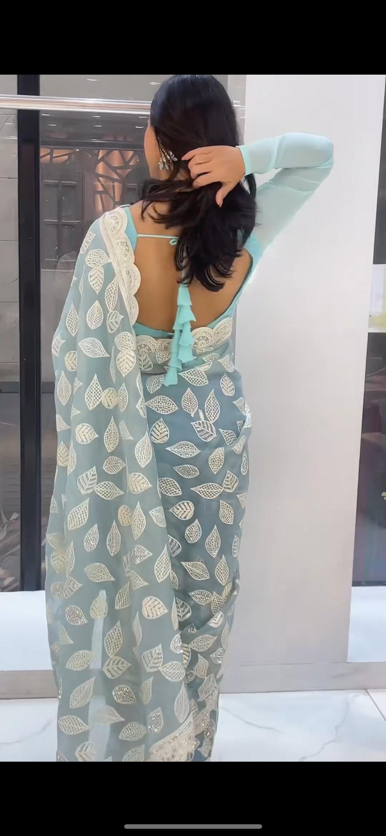 Glorious Georgette Sky Blue Color Saree