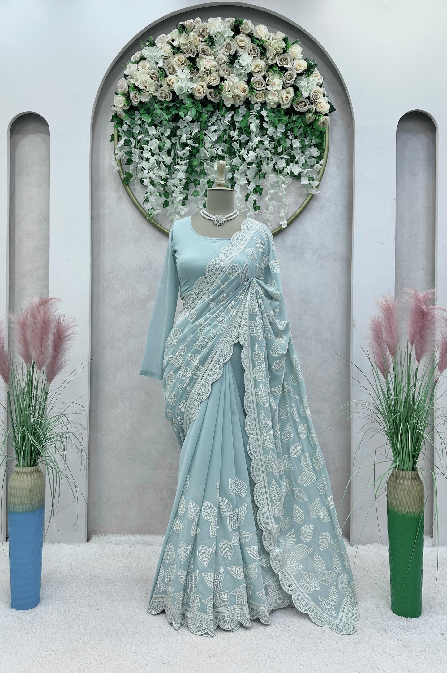 Glorious Georgette Sky Blue Color Saree