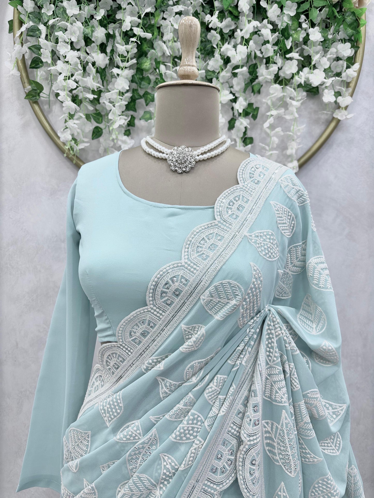 Glorious Georgette Sky Blue Color Saree