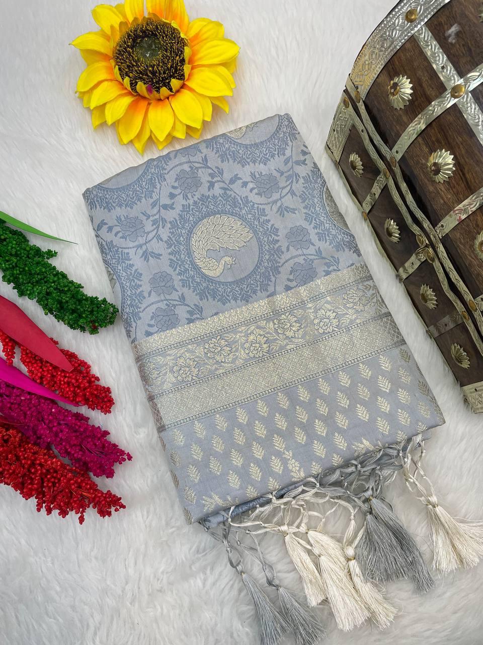 Charming Banarasi Silk Grey Color Saree