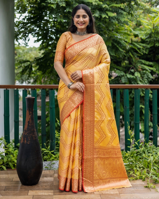 Blissful Banarasi Silk Haldi Wear Yellow Color Saree