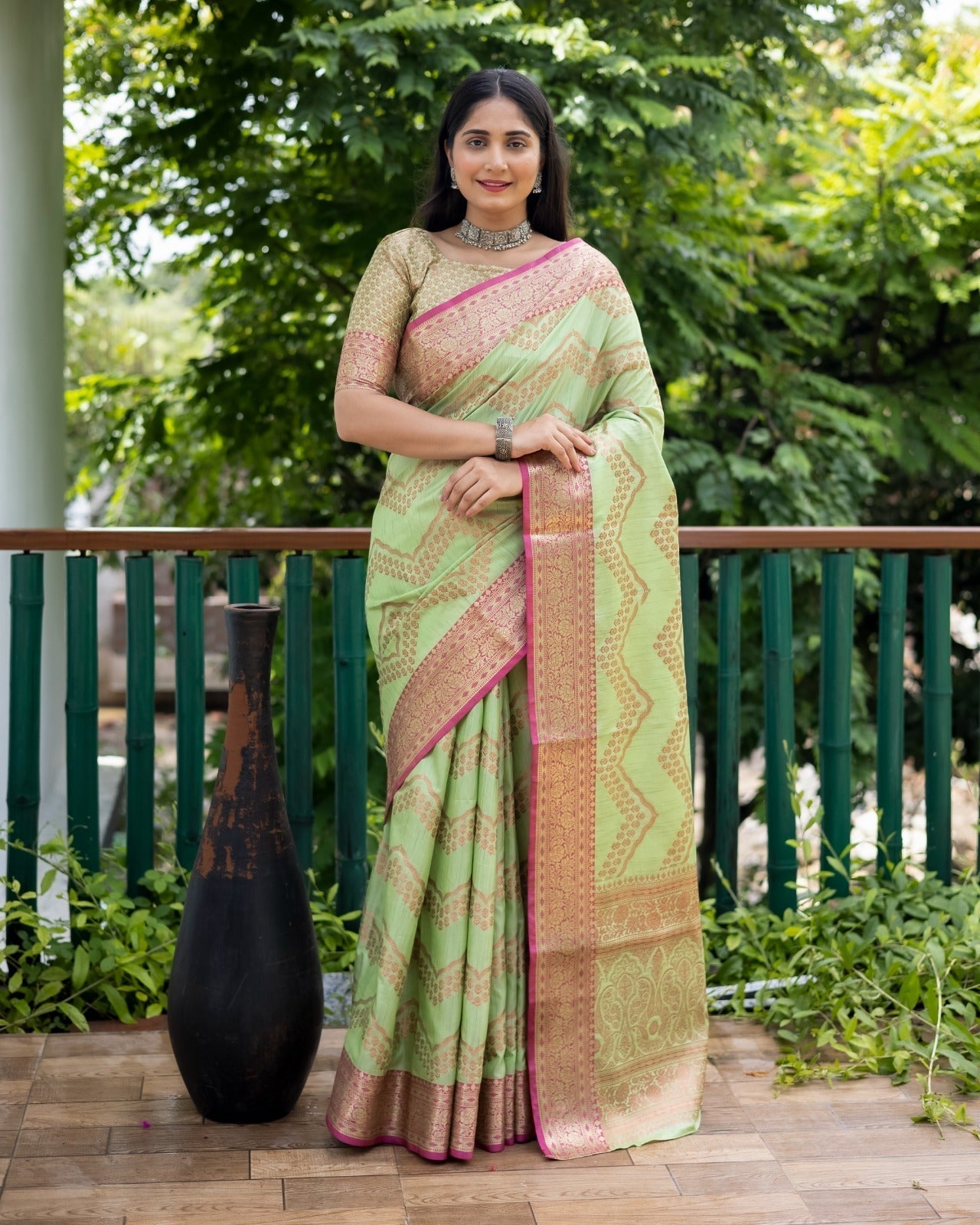 Blissful Banarasi Silk Pista Color Saree