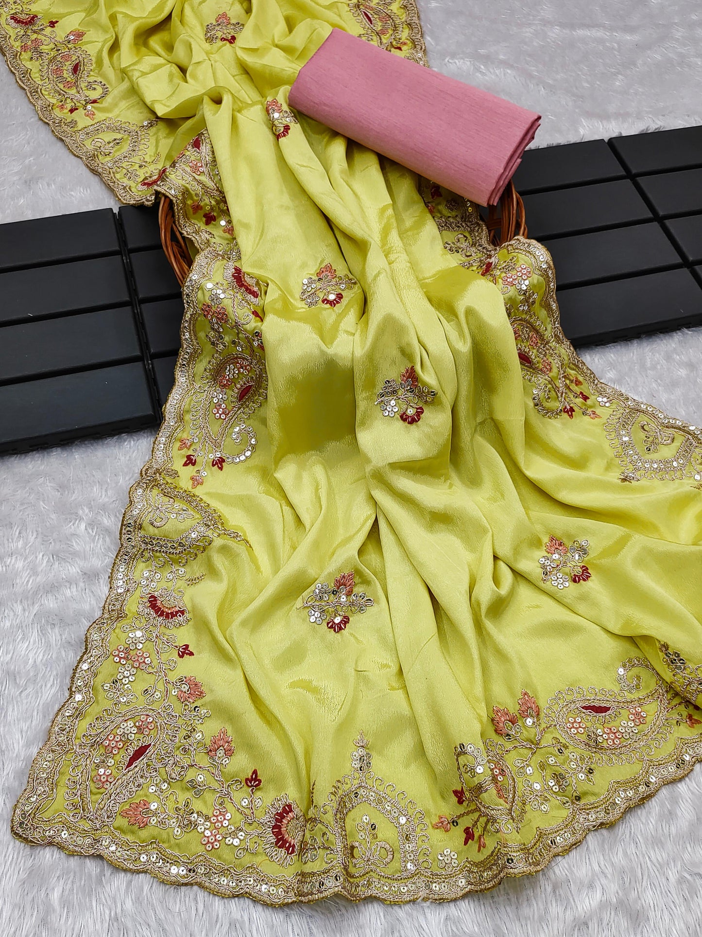 Luxuriant Chinon Silk Perrot Color Saree