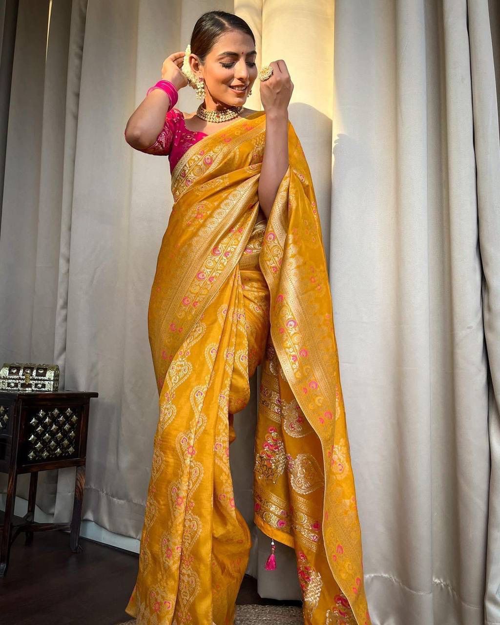 Charming Lichi Silk Haldi Wear Orange Color Saree