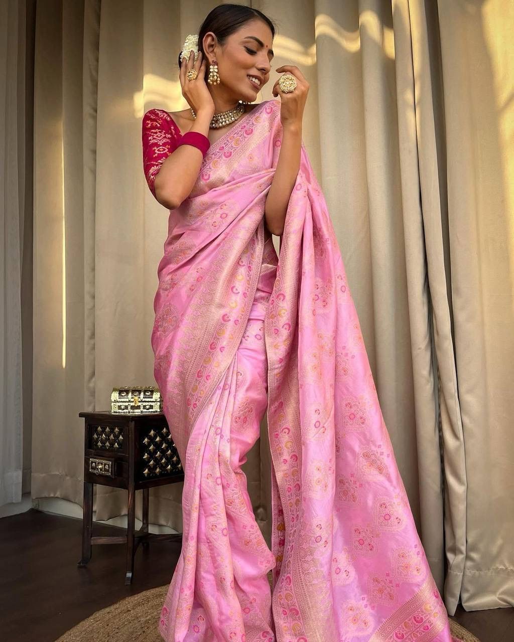 Charming Lichi Silk Pink Color Saree