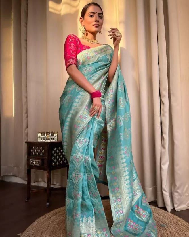 Charming Lichi Silk Sky Blue Color Saree