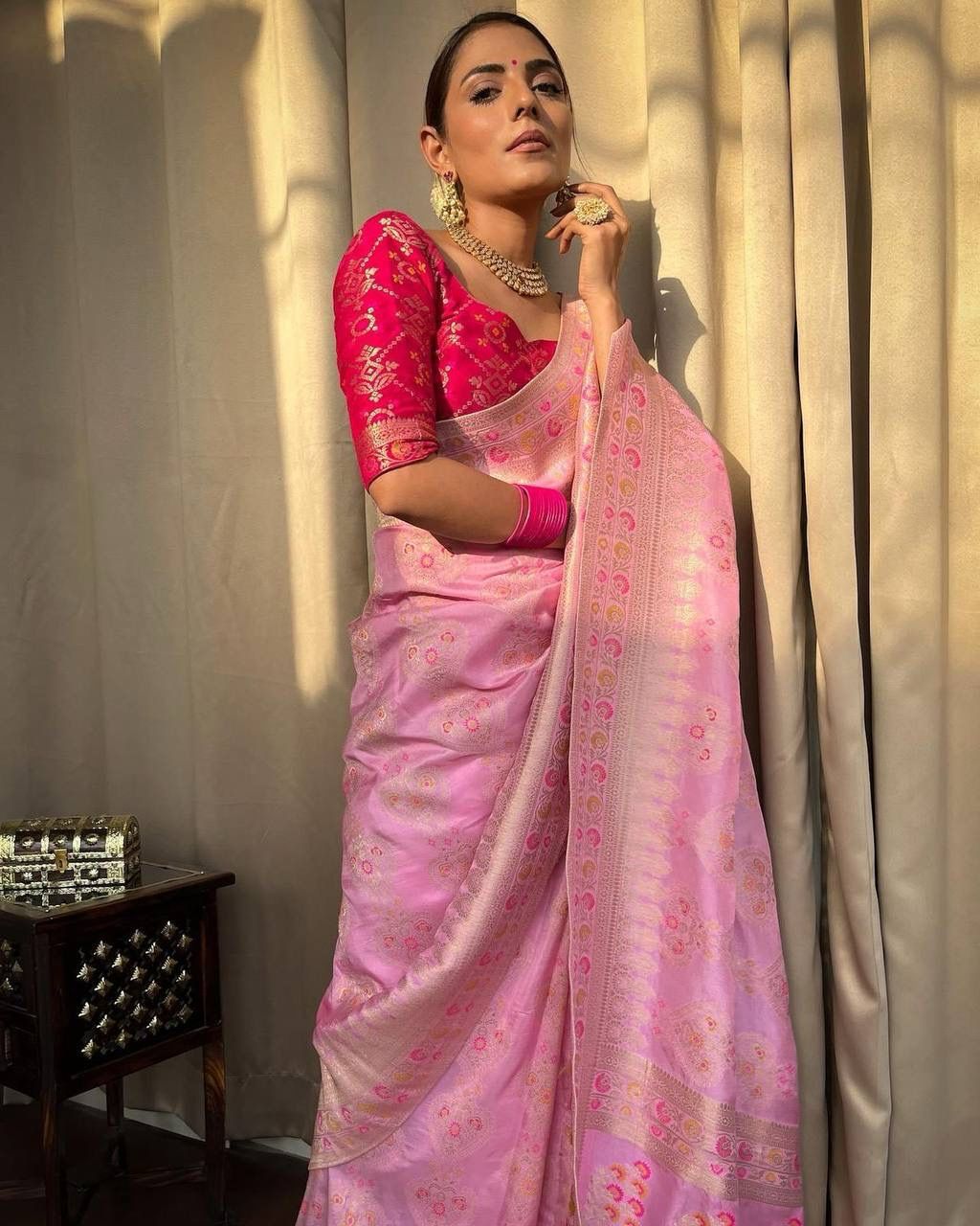 Charming Lichi Silk Pink Color Saree