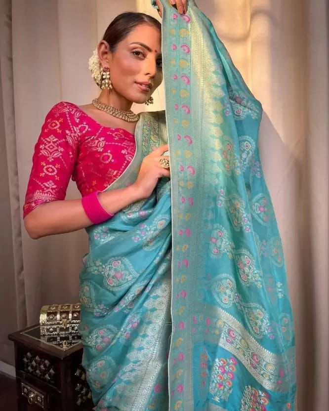 Charming Lichi Silk Sky Blue Color Saree