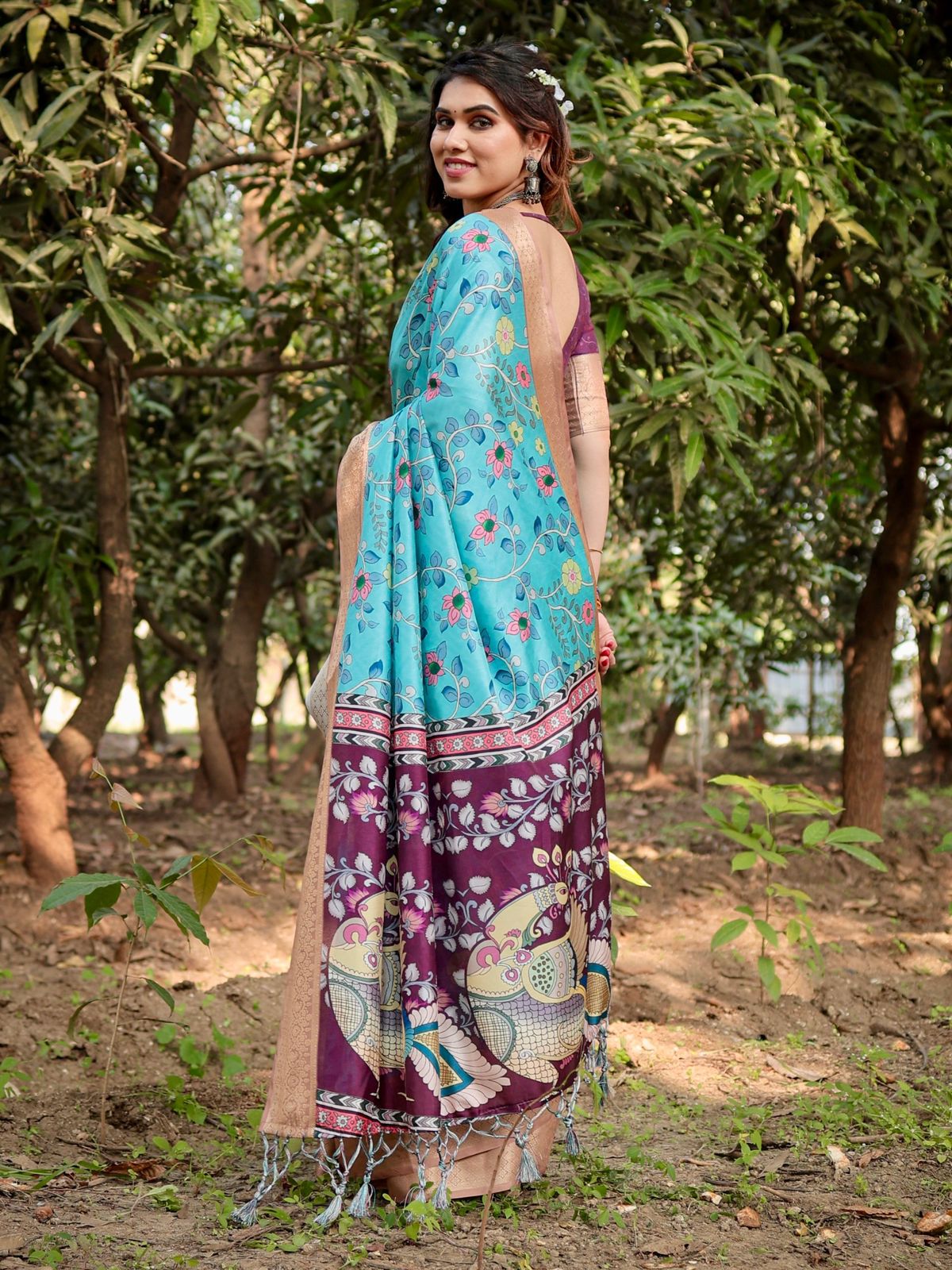 Stunning Sky Blue Color Printed Silk Saree