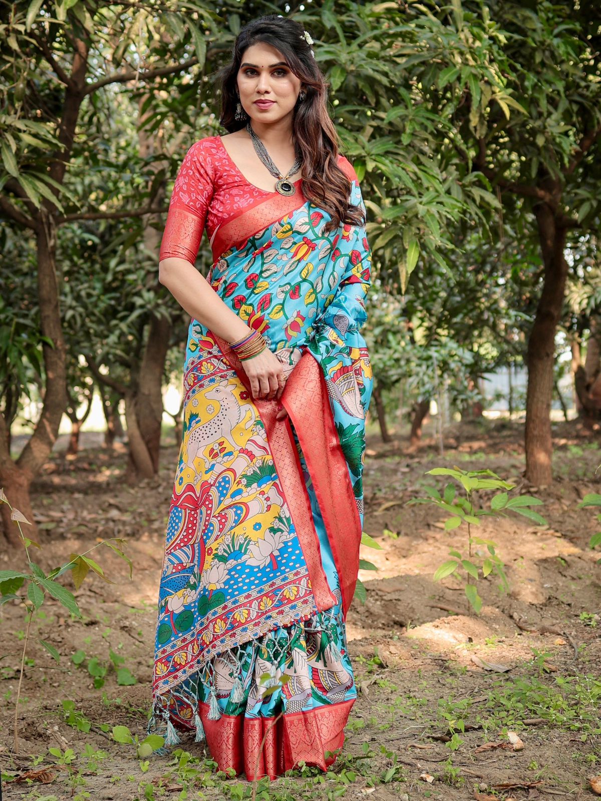 Daisy Sky Blue Color Printed Silk Saree