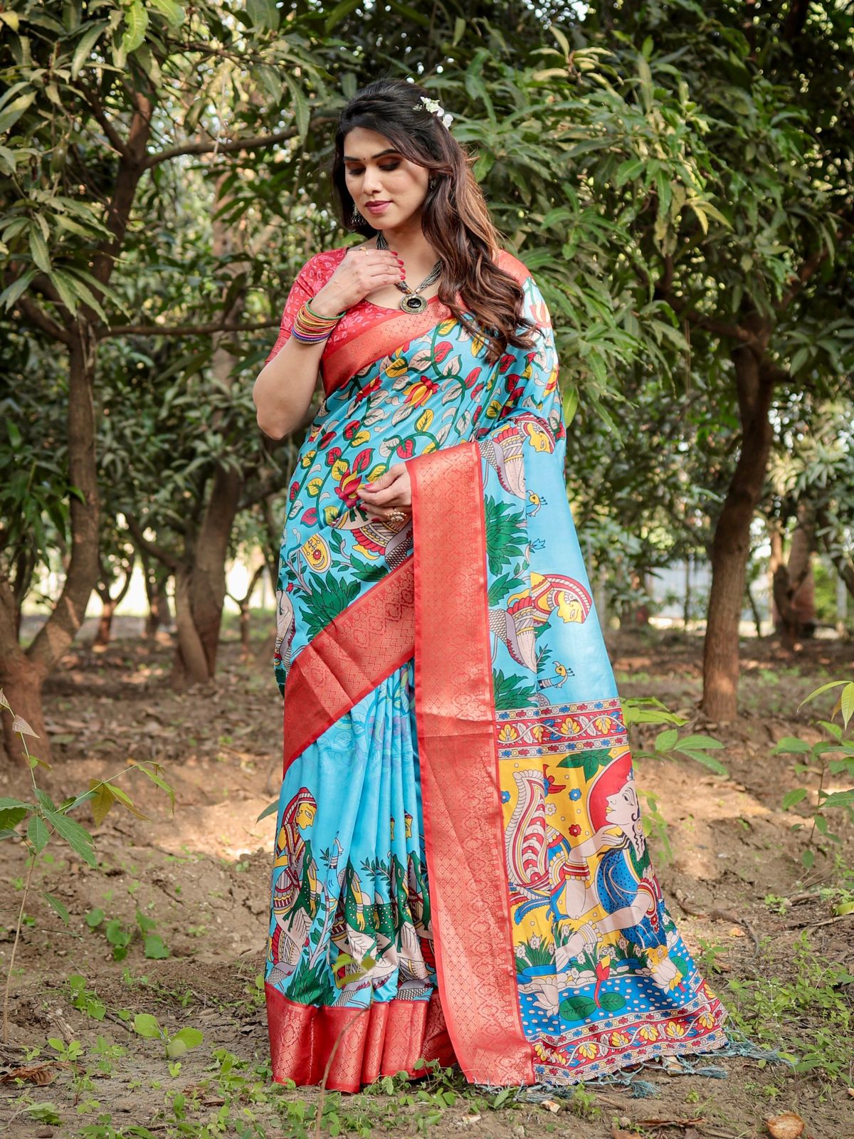 Daisy Sky Blue Color Printed Silk Saree