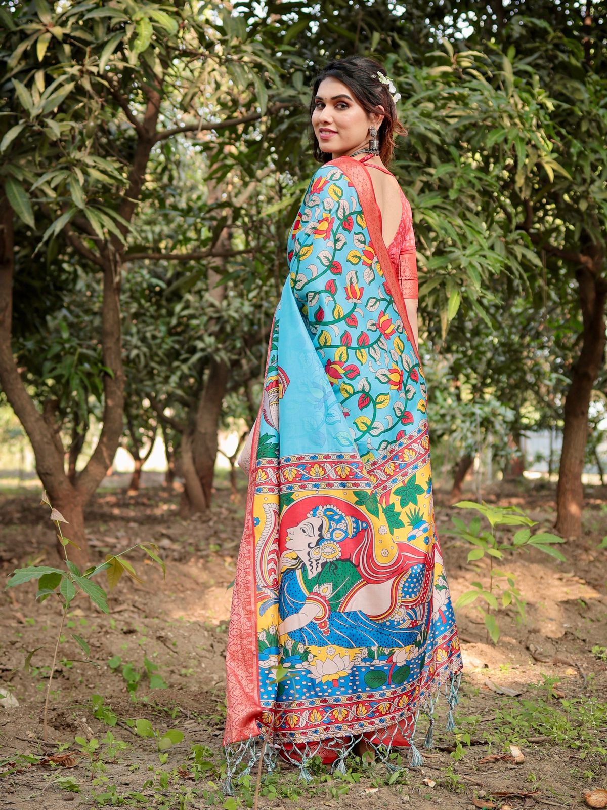 Daisy Sky Blue Color Printed Silk Saree