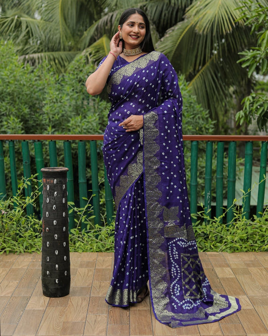 Fantastic Bandhej Silk Blue Color Saree