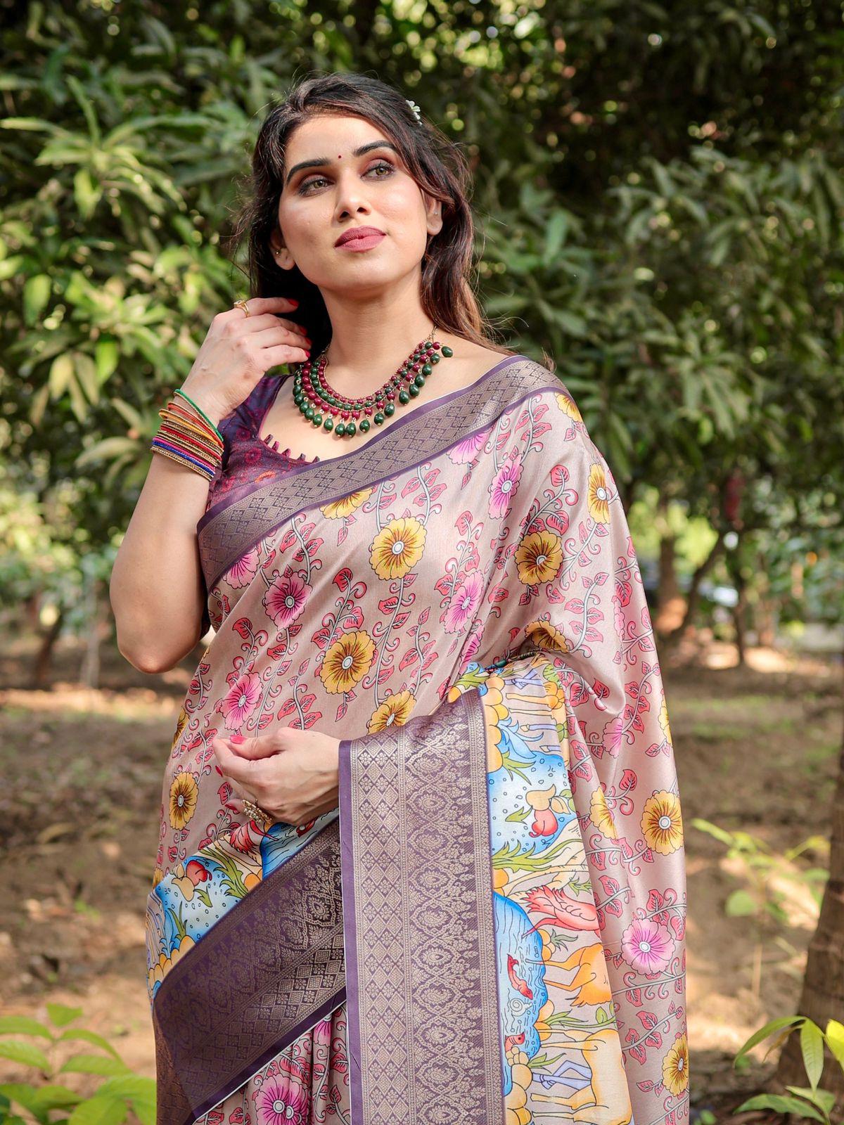 Fabulous Wine Color Printed Silk Saree