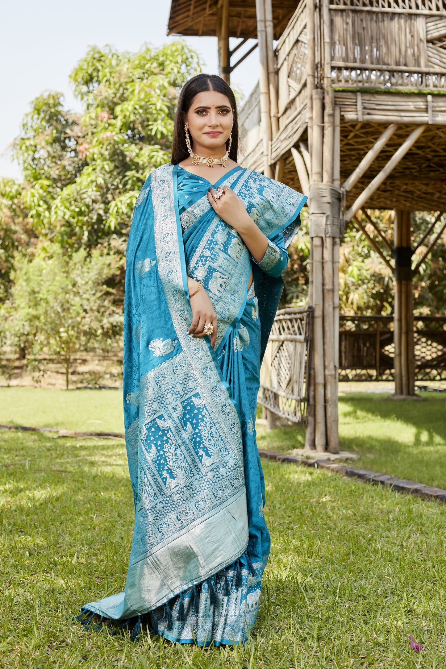 Luxuriant Satin Silk Sky Blue Color Saree