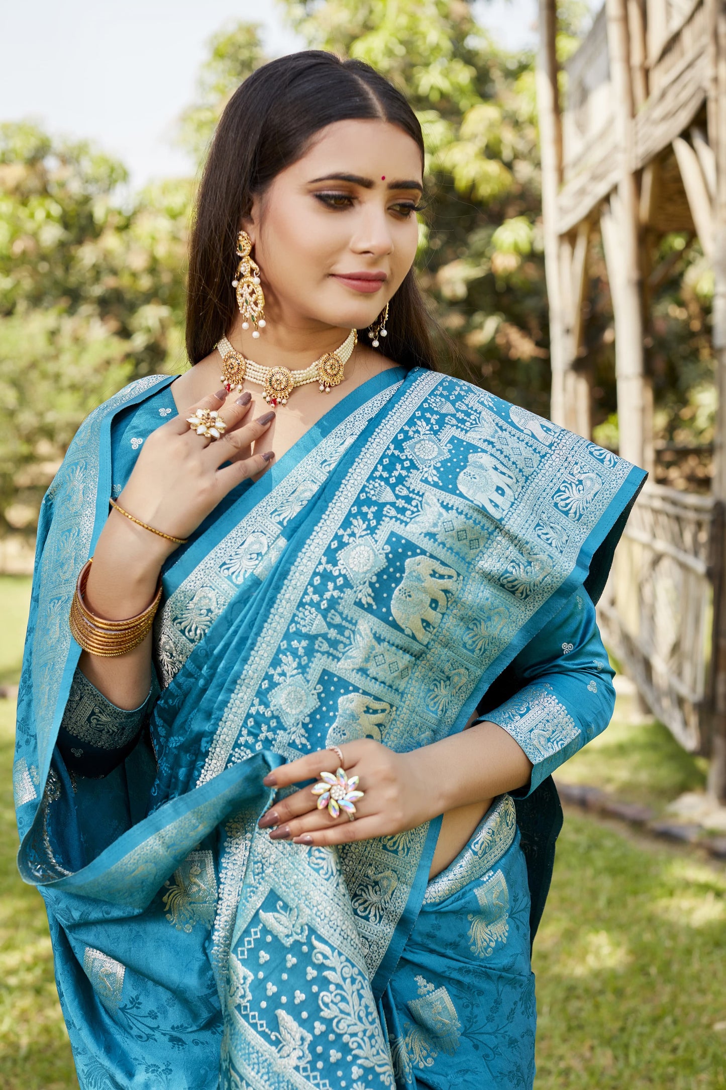 Luxuriant Satin Silk Sky Blue Color Saree