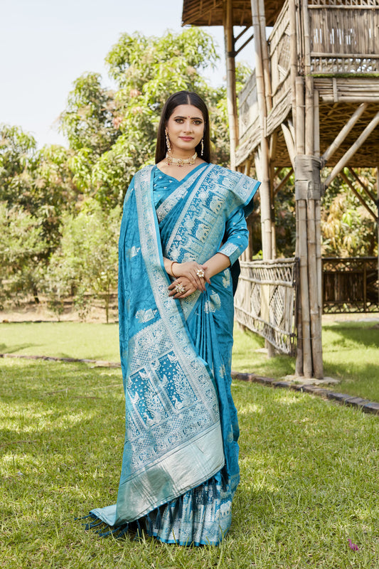 Luxuriant Satin Silk Sky Blue Color Saree