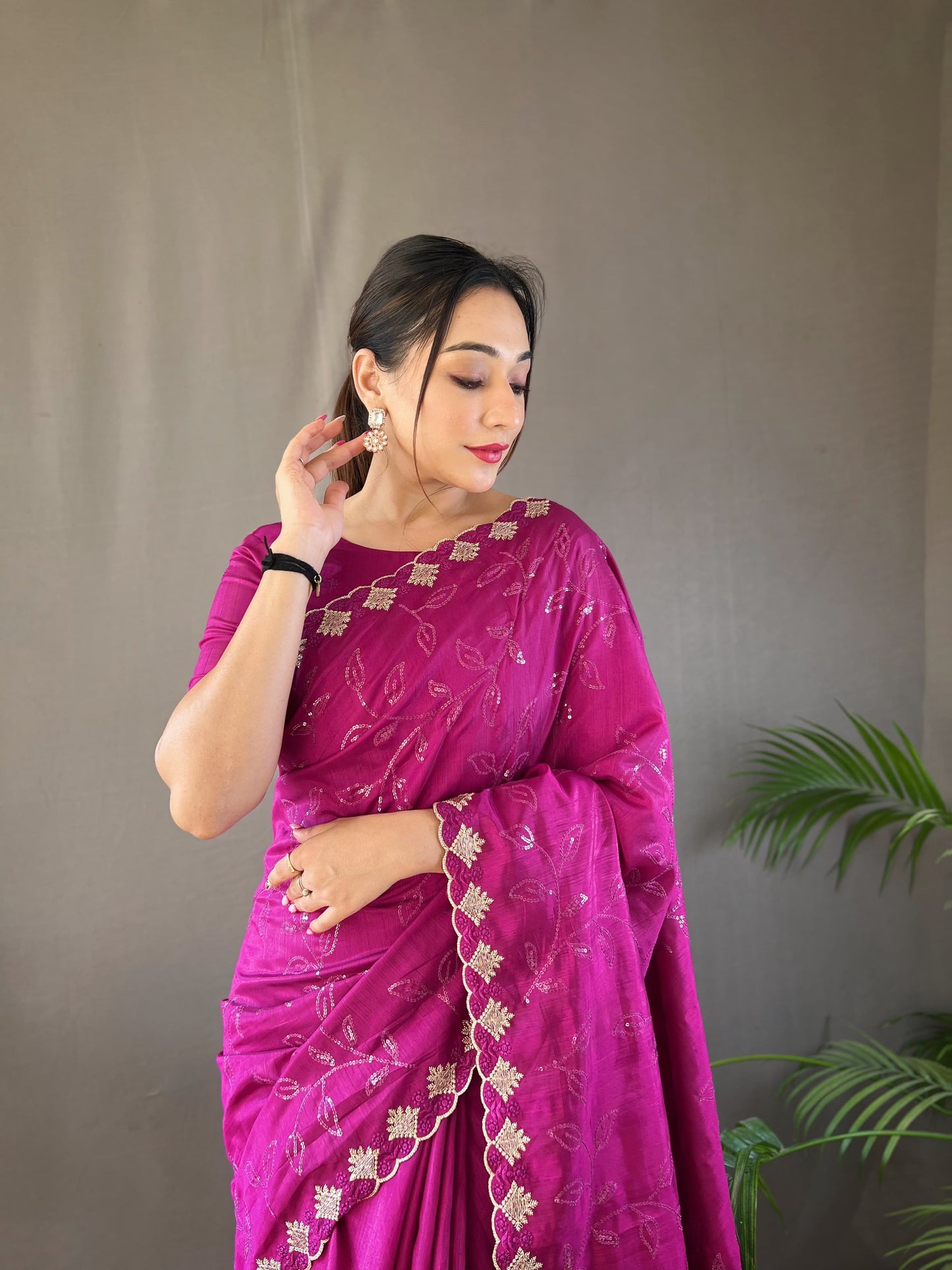 Unique Pink Color Ready To Wear Sequence Saree