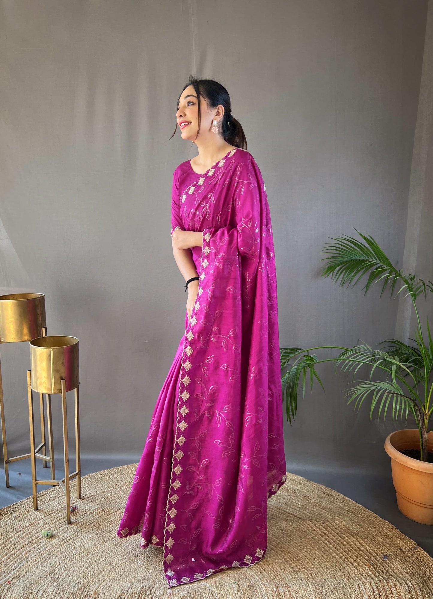 Unique Pink Color Ready To Wear Sequence Saree