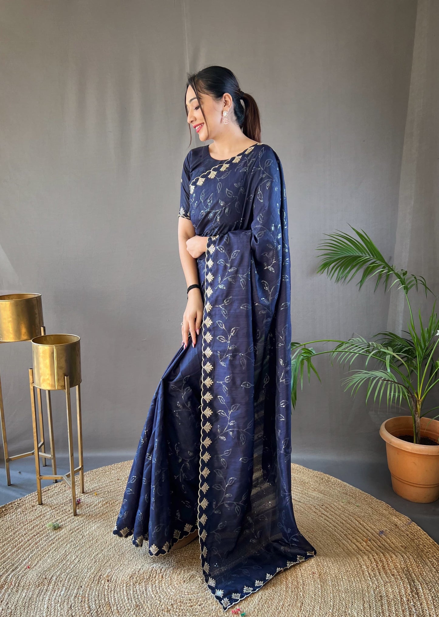 Unique Navy Blue Color Ready To Wear Sequence Saree