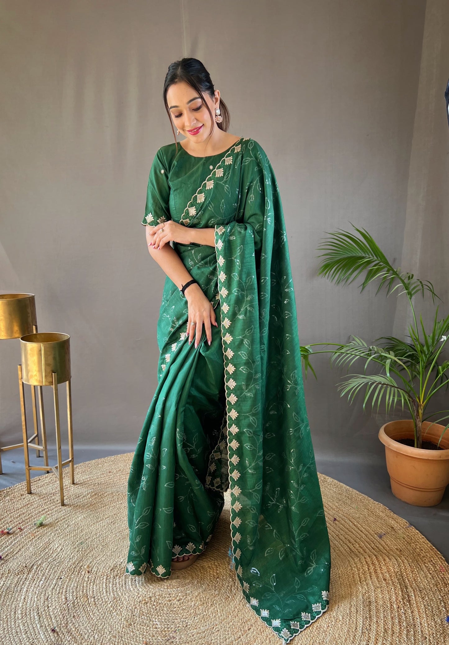 Unique Green Color Ready To Wear Sequence Saree