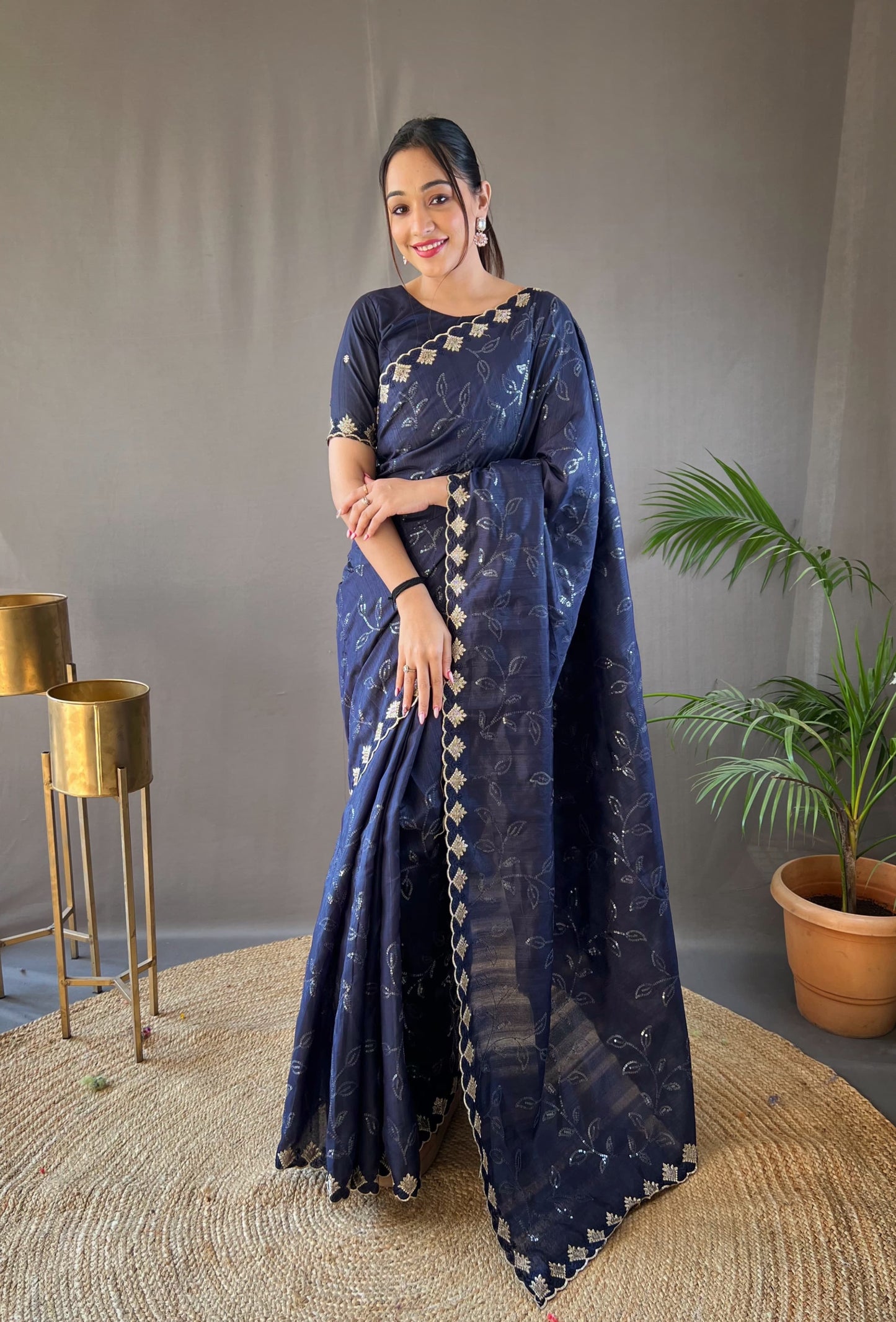 Unique Navy Blue Color Ready To Wear Sequence Saree