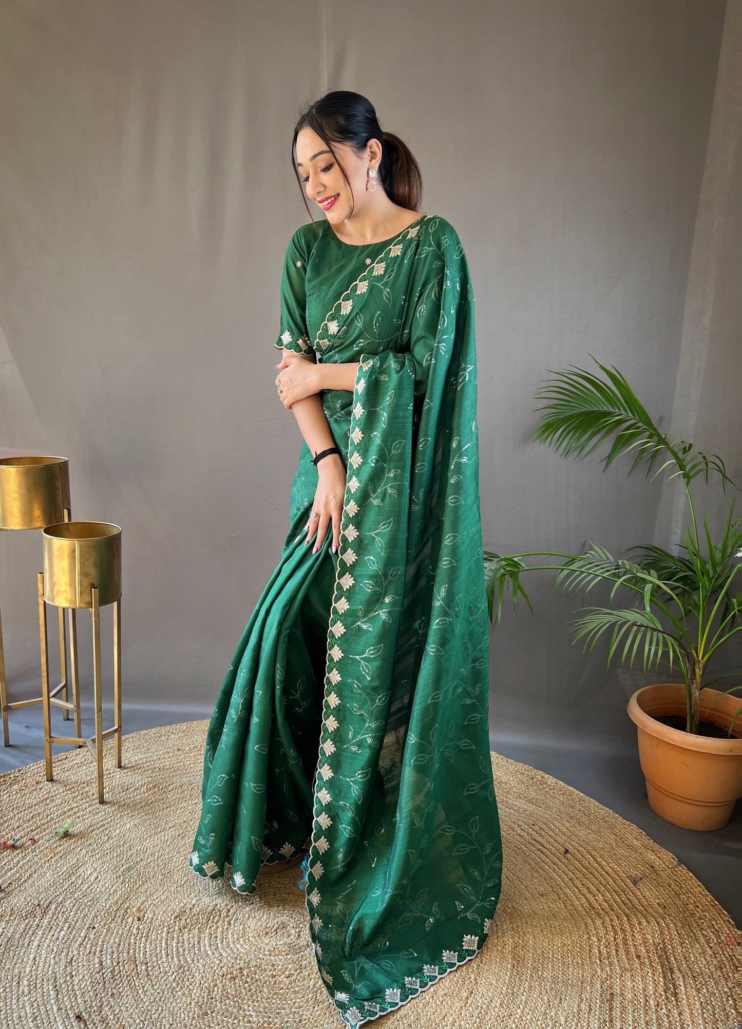 Unique Green Color Ready To Wear Sequence Saree