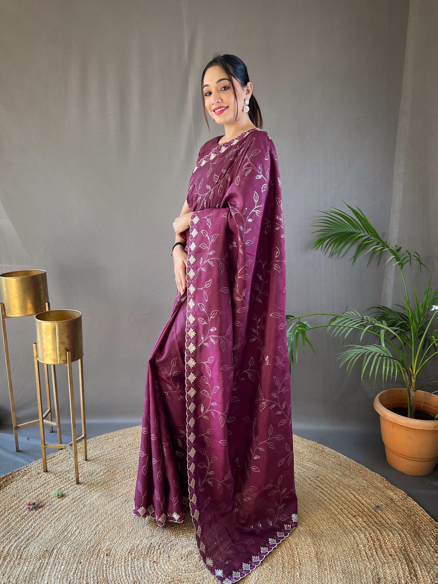 Unique Wine Color Ready To Wear Sequence Saree