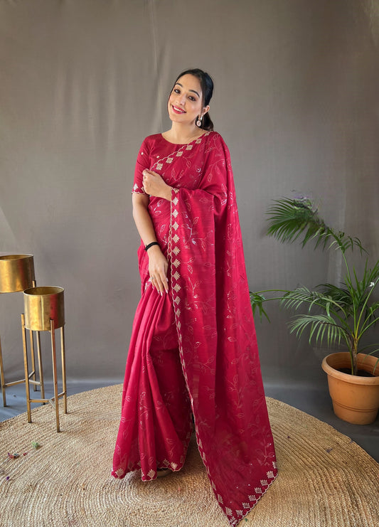 Unique Red Color Ready To Wear Sequence Saree