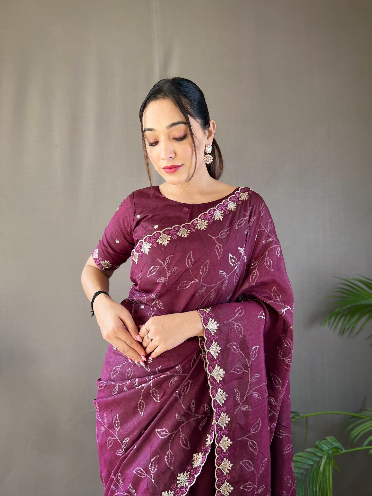 Unique Wine Color Ready To Wear Sequence Saree