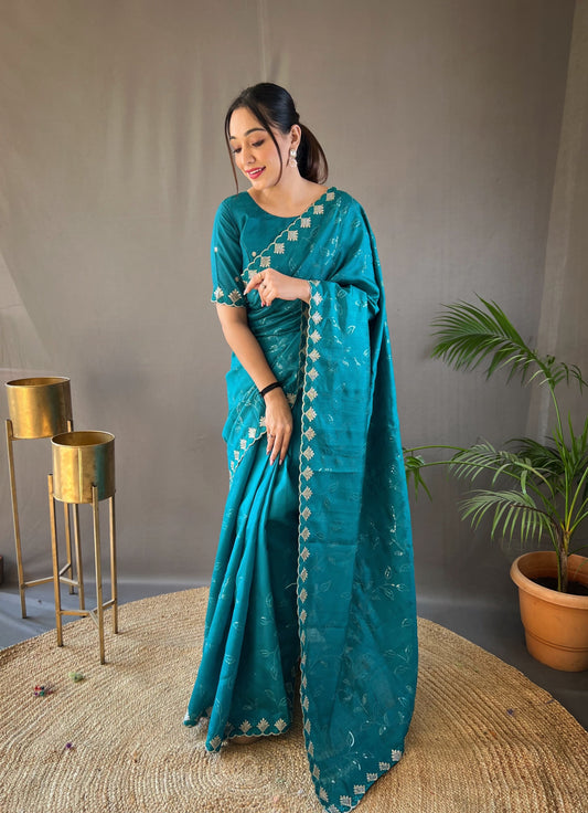 Unique Sky Blue Color Ready To Wear Sequence Saree