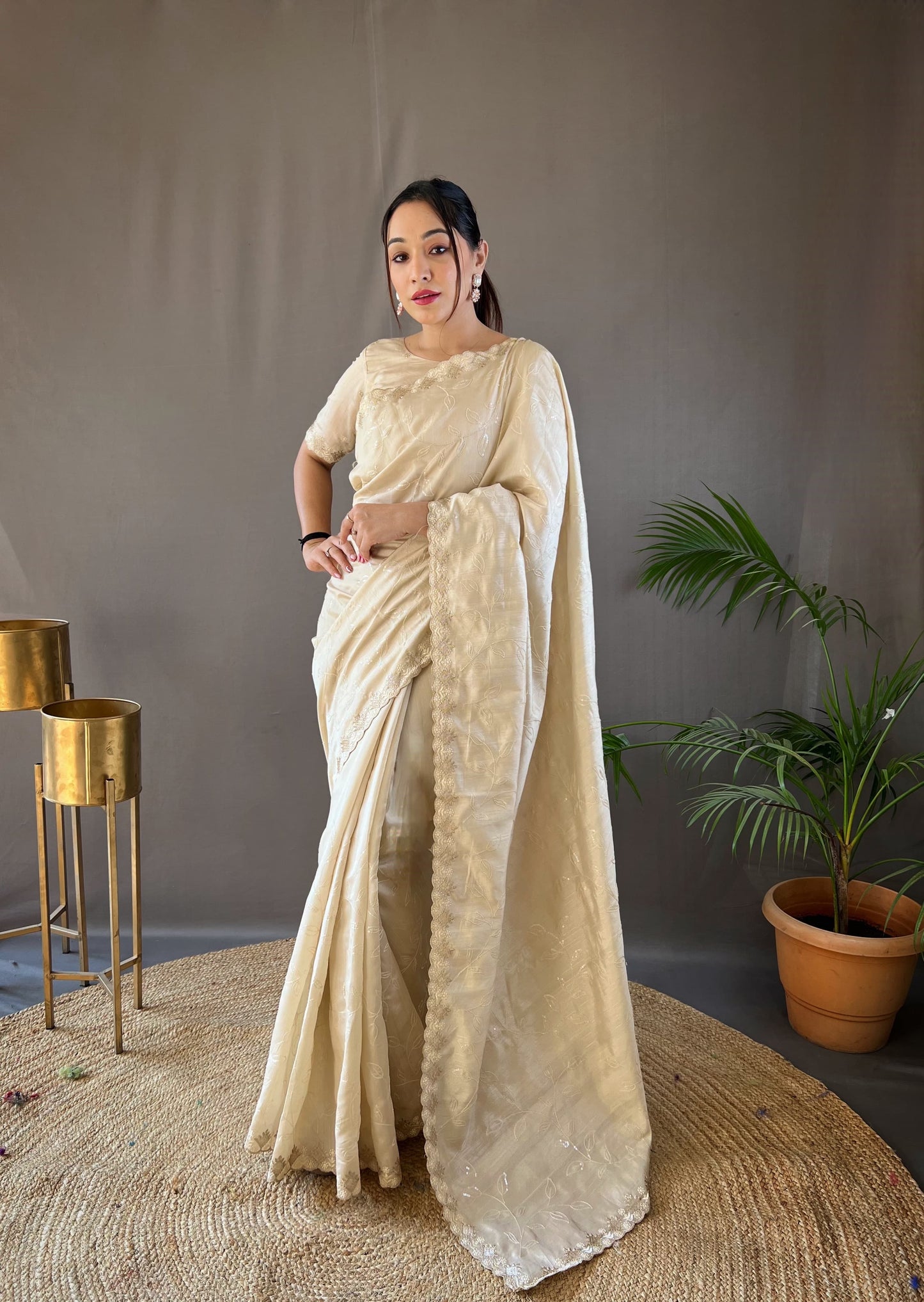 Unique Off White Color Ready To Wear Sequence Saree